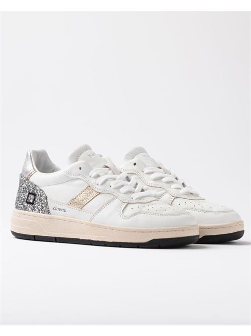 Sneakers bassa in pelle colore bianco e glitter color argento DATE | COURT VINTAGE CALFWHITE SILVER
